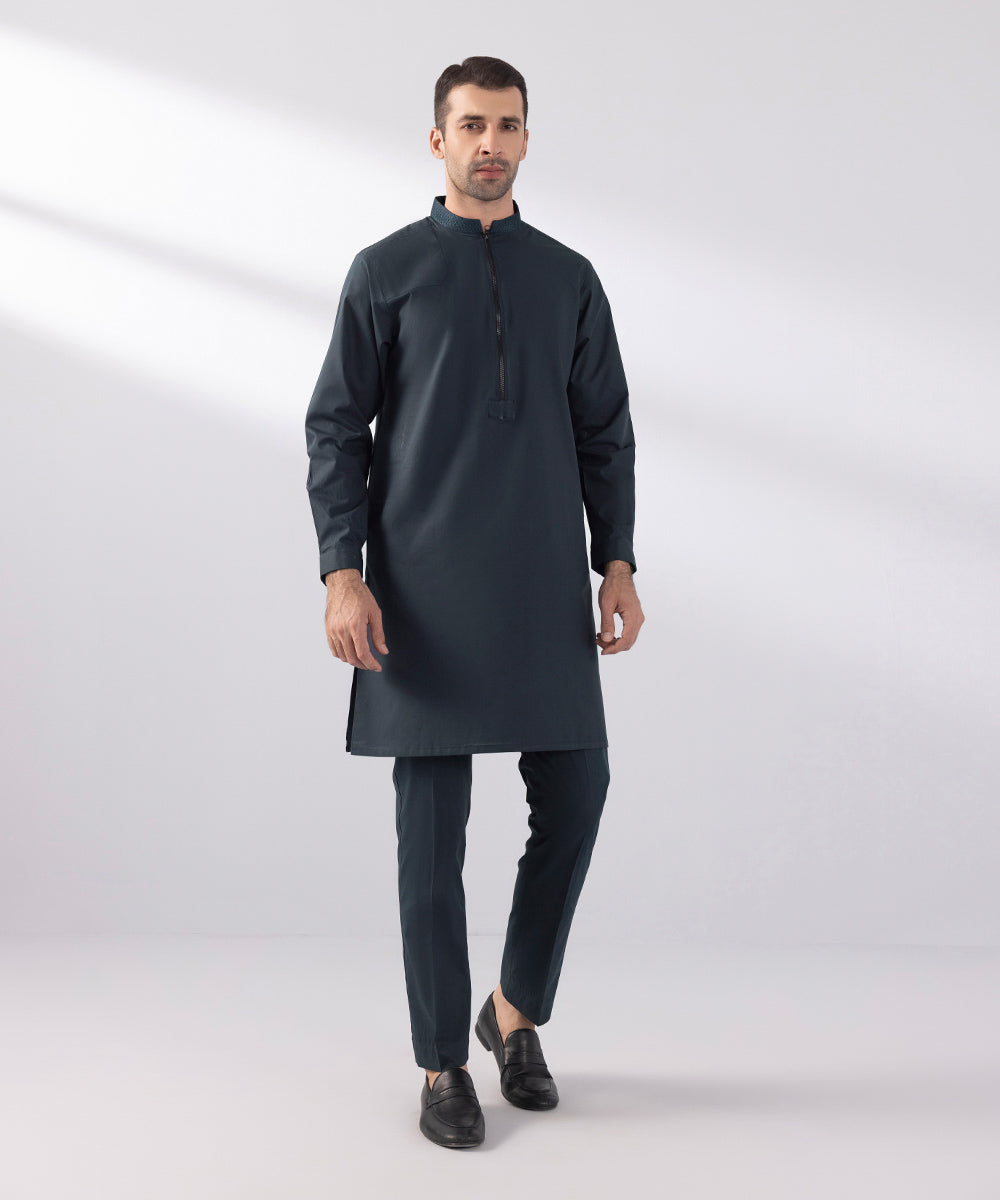 Men's Stitched Summer Cotton Embroidered Indigo Straight Hem Kurta Trousers