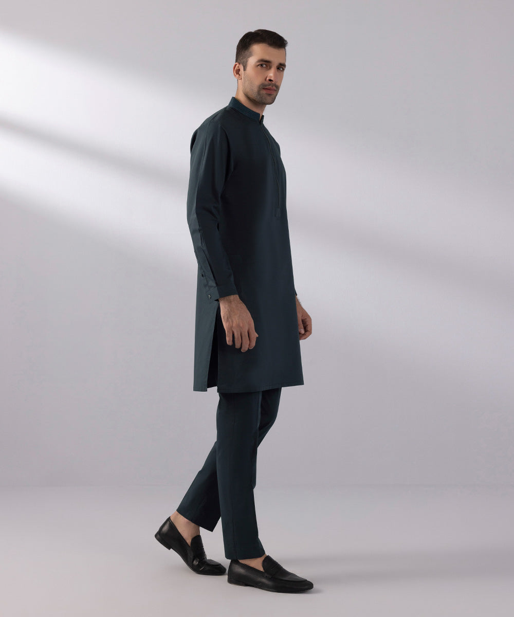 Men's Stitched Summer Cotton Embroidered Indigo Straight Hem Kurta Trousers