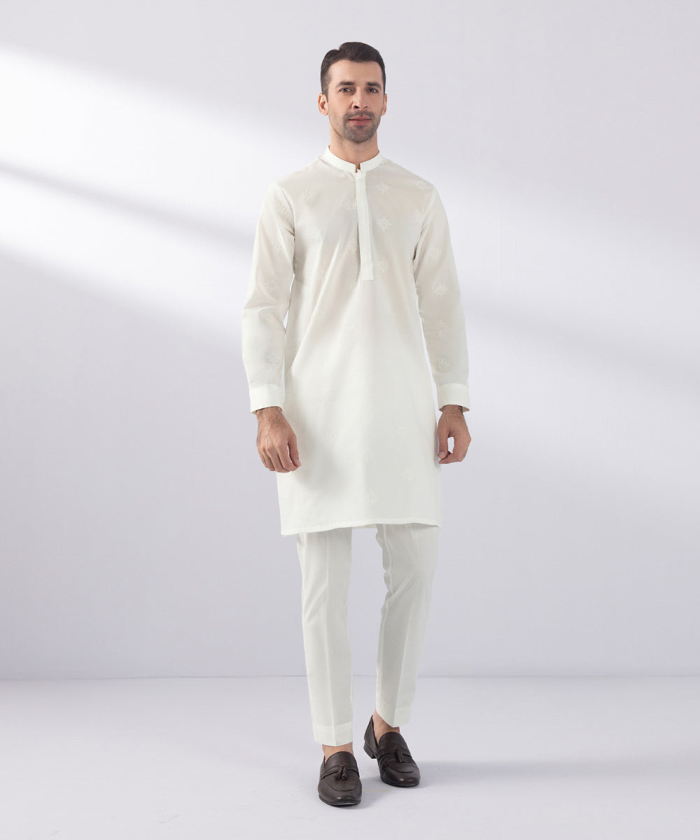 Men's Stitched Schiffili Embroidered Suit Embroidered White Straight Hem Kurta Trousers