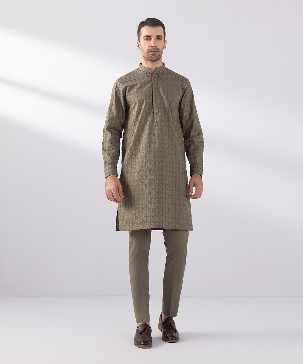Men's Stitched Schiffili Embroidered Suit Embroidered Walnut Brown Straight Hem Kurta Trousers