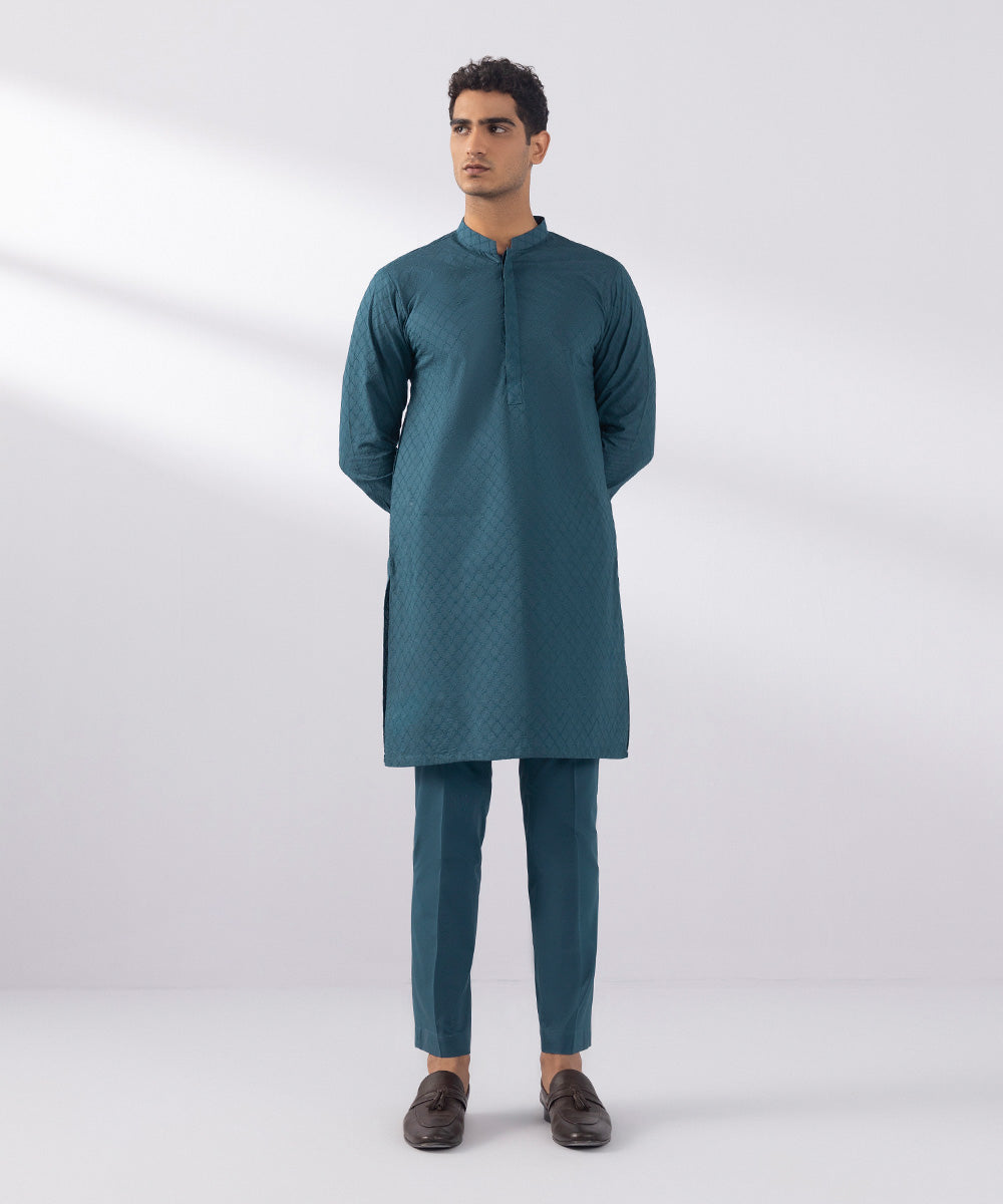 Men's Stitched Schiffili Embroidered Suit Embroidered Teal Blue Round Hem Kurta Trousers