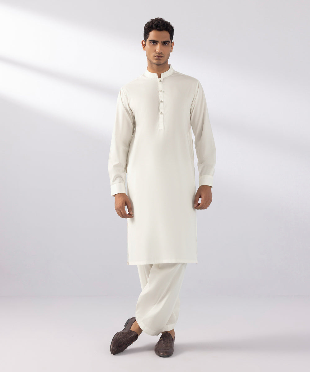 Men's Stitched Luxury Egyptian Cotton Suit Embroidered White Straight Hem Kurta Shalwar