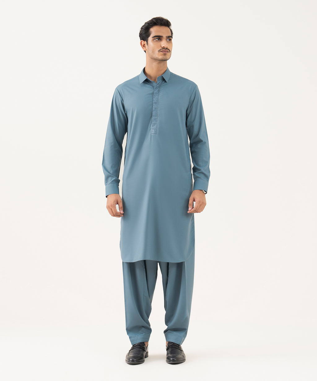 Men's Oxford Embroidered Blue Grey Kurta Shalwar