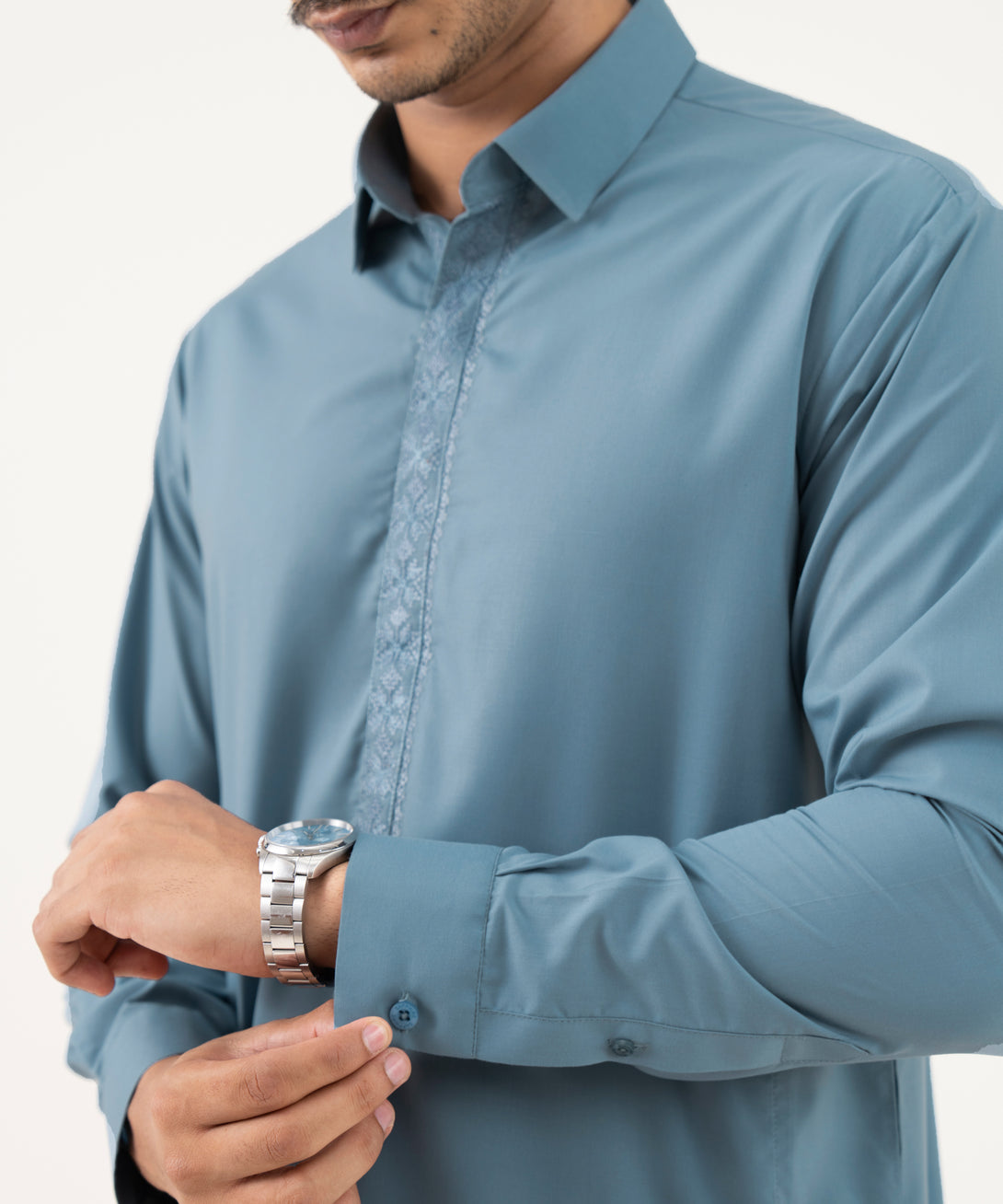 Men's Oxford Embroidered Blue Grey Kurta Shalwar