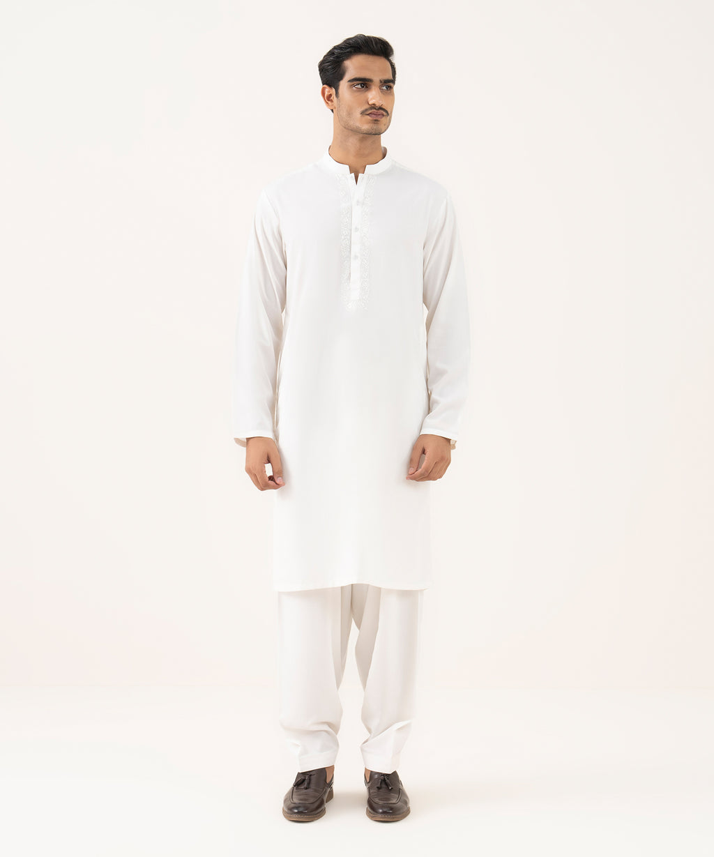 Men's Oxford Embroidered Off-White Kurta Shalwar