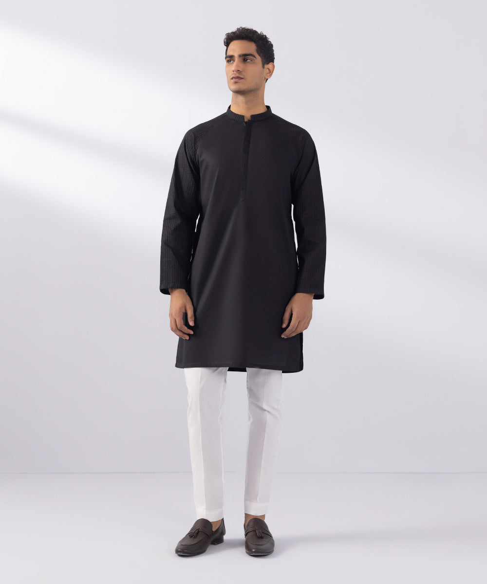 Men's Stitched Summer Cotton Embroidered Black Straight Hem Kurta