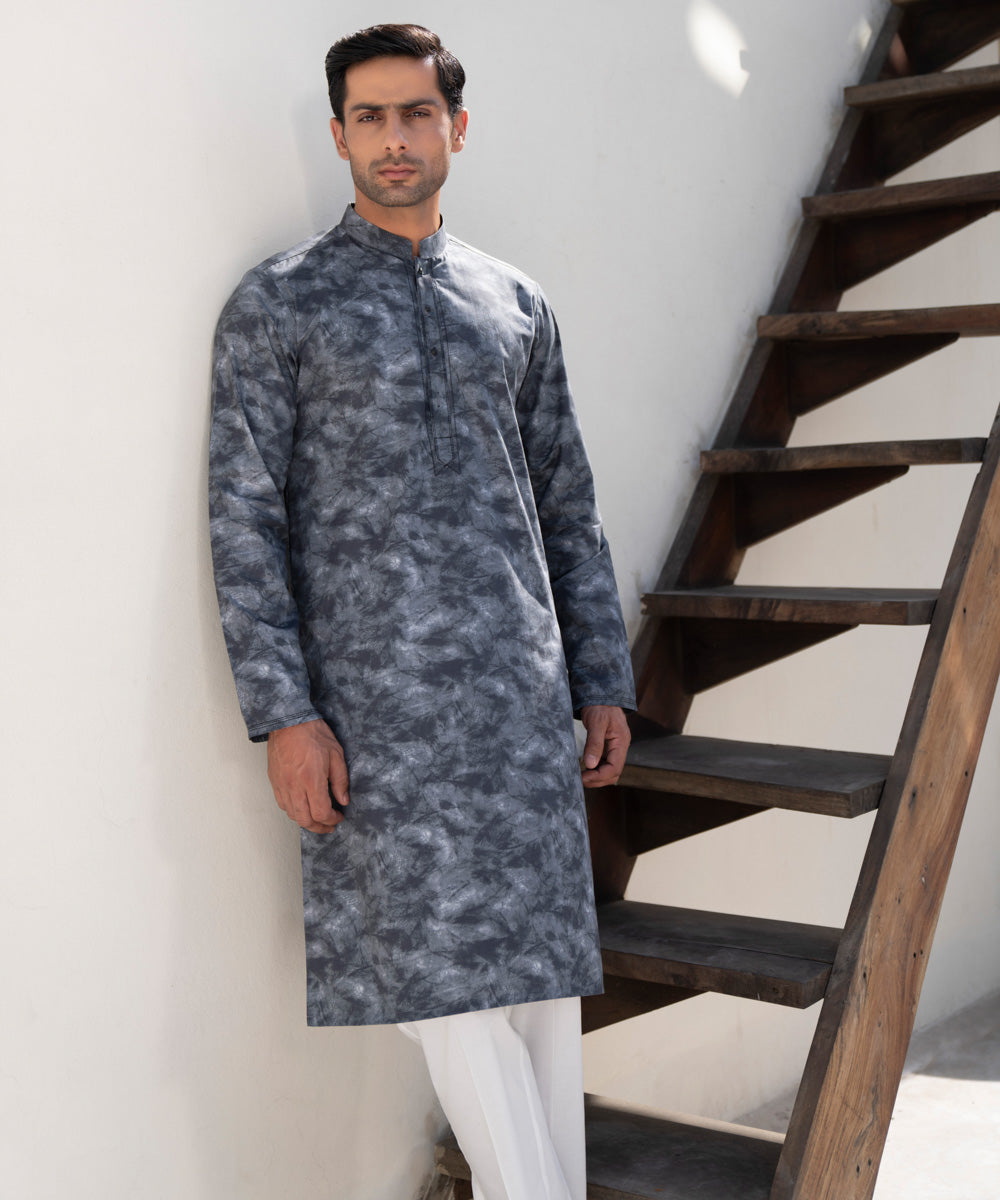 Men's Stitched Digital Printed Cotton Grey Straight Hem Kurta