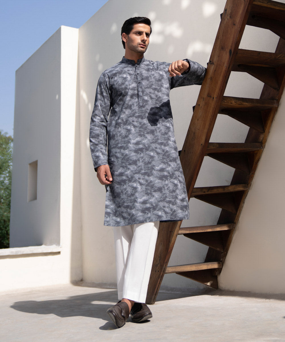 Men's Stitched Digital Printed Cotton Grey Straight Hem Kurta