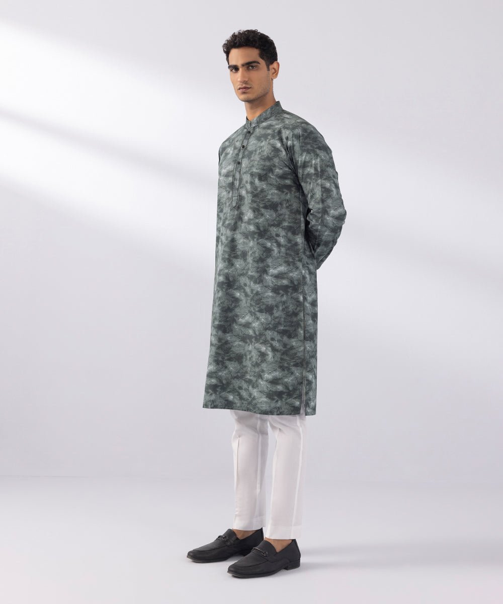 Men's Stitched Digital Printed Cotton Grey Straight Hem Kurta