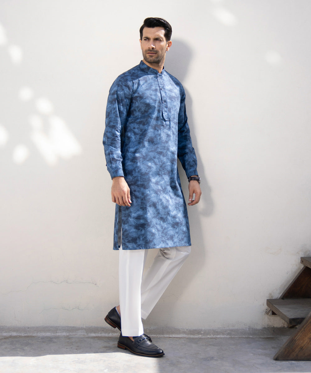 Men's Stitched Digital Printed Cotton Blue Straight Hem Kurta