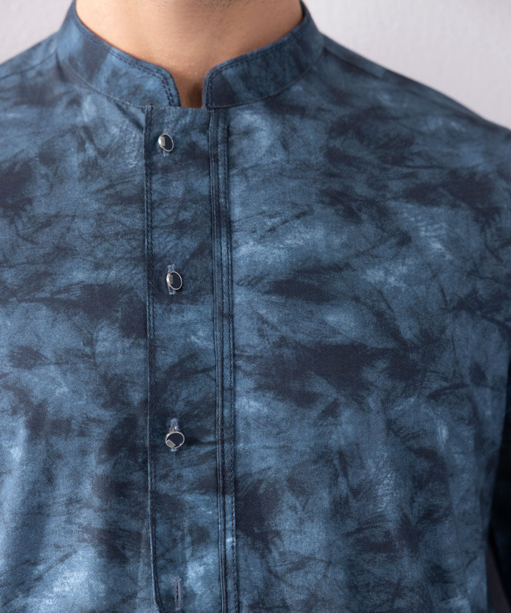 Men's Stitched Digital Printed Cotton Blue Straight Hem Kurta