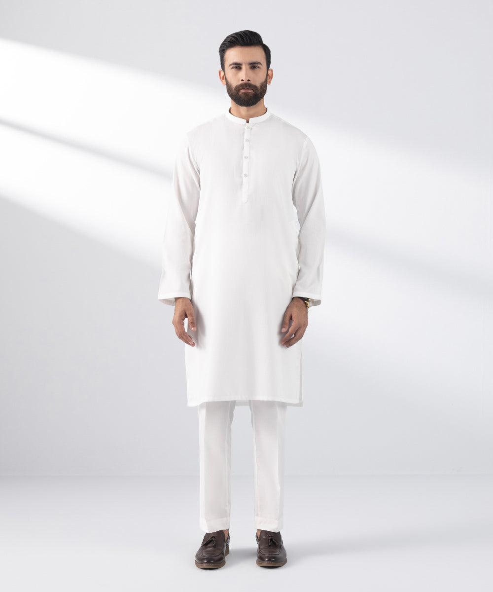 Men's Stitched Kurta White Dobby Suit