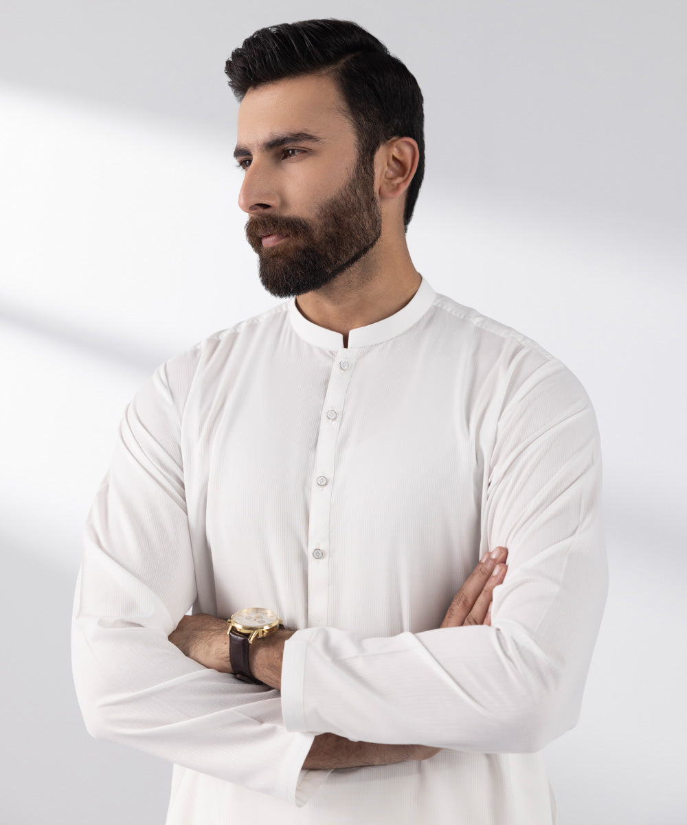 Men's Stitched Kurta White Dobby Suit
