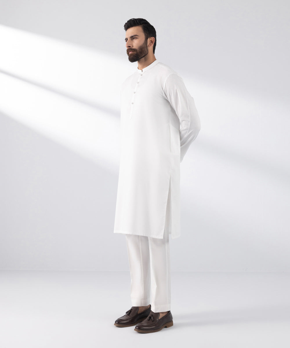 Men's Stitched Kurta White Dobby Suit