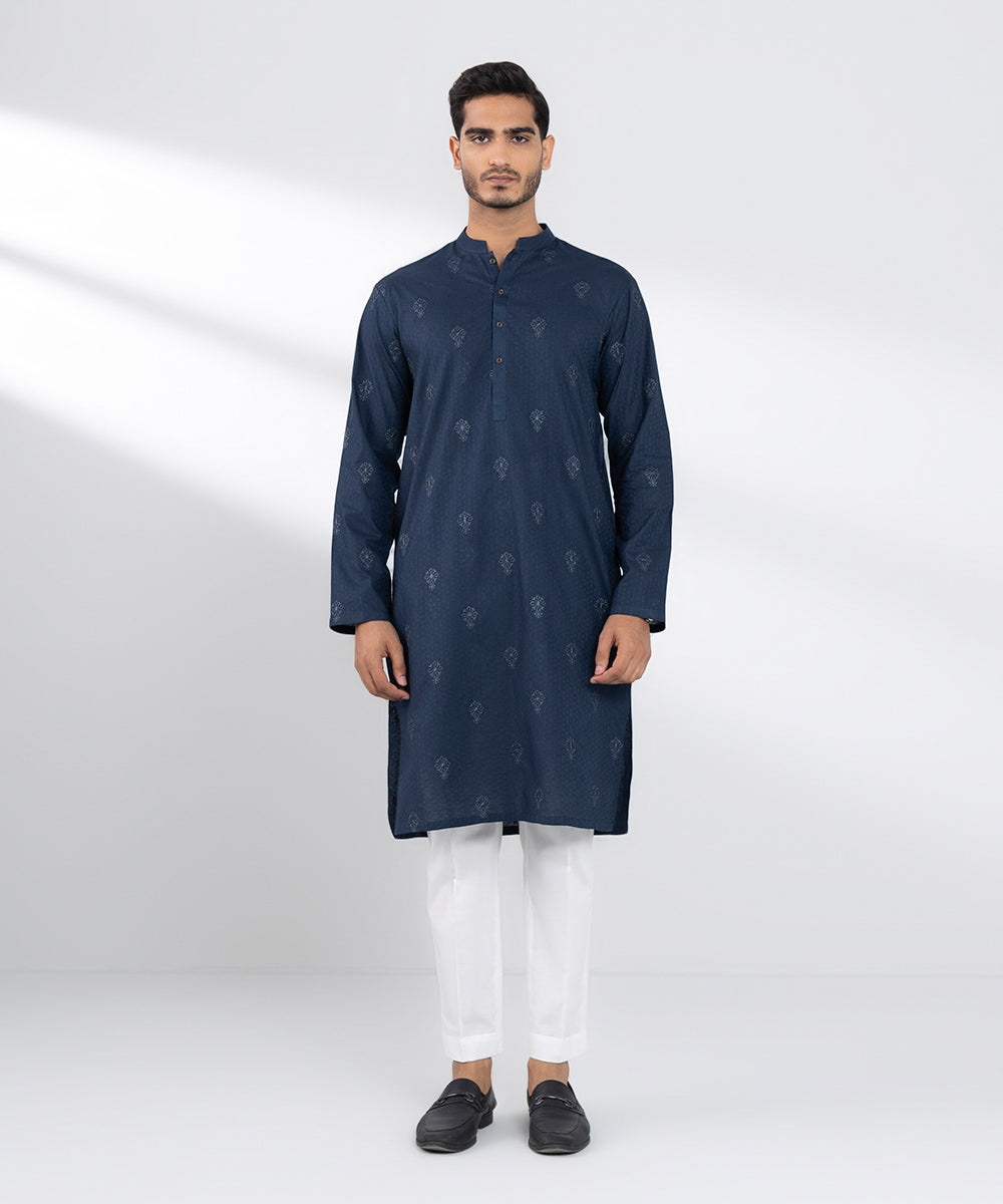 Men's Stitched Embroidered Blue Cotton Kurta 
