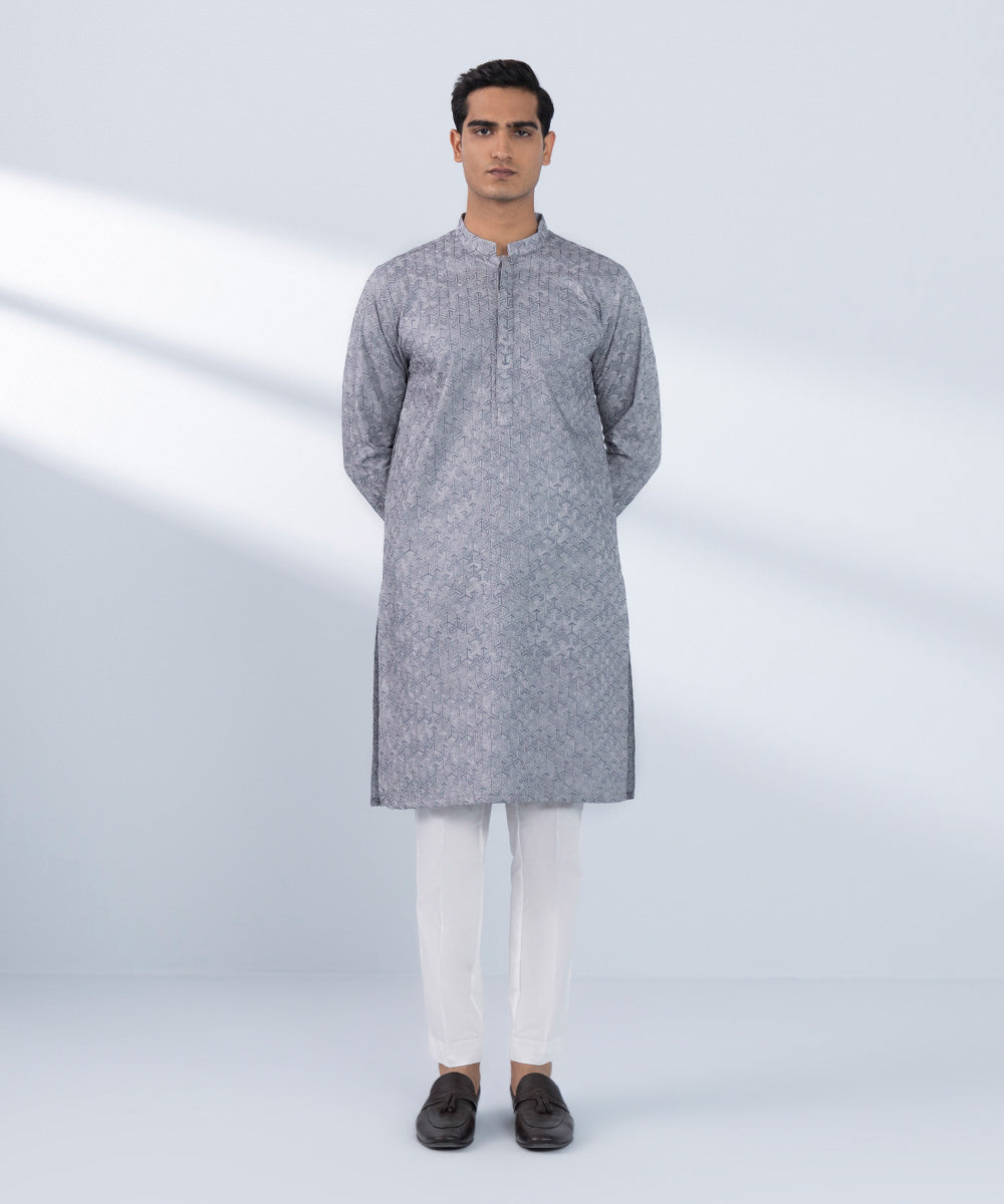 Men's Stitched Embroidered Grey Kurta 