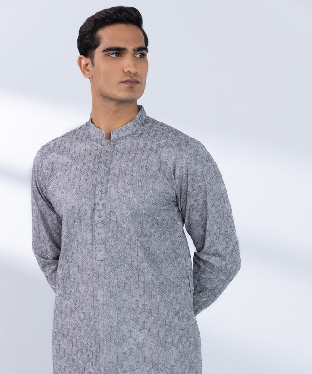 Men's Stitched Embroidered Grey Kurta 