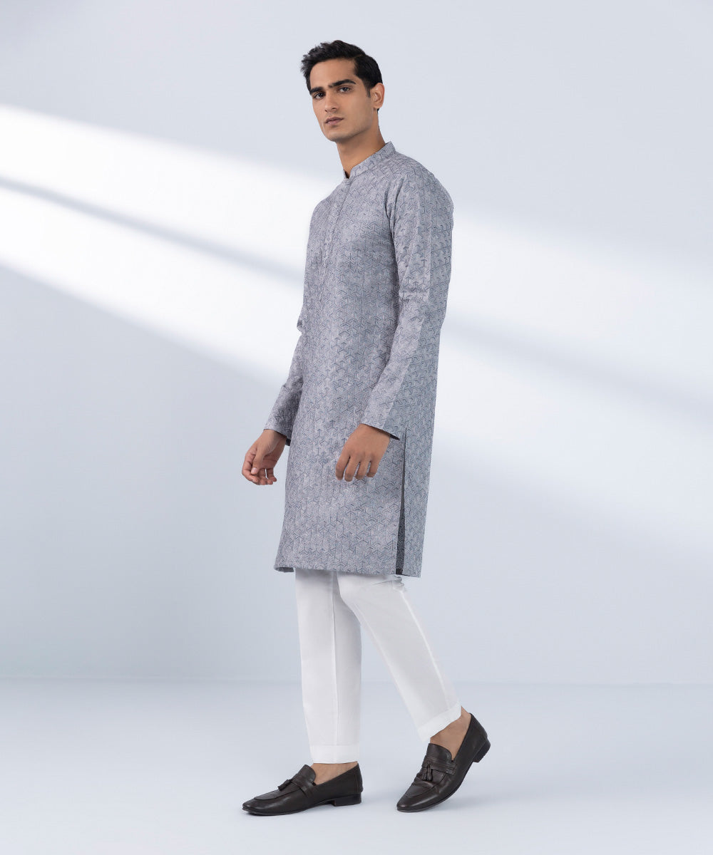 Men's Stitched Embroidered Grey Kurta 