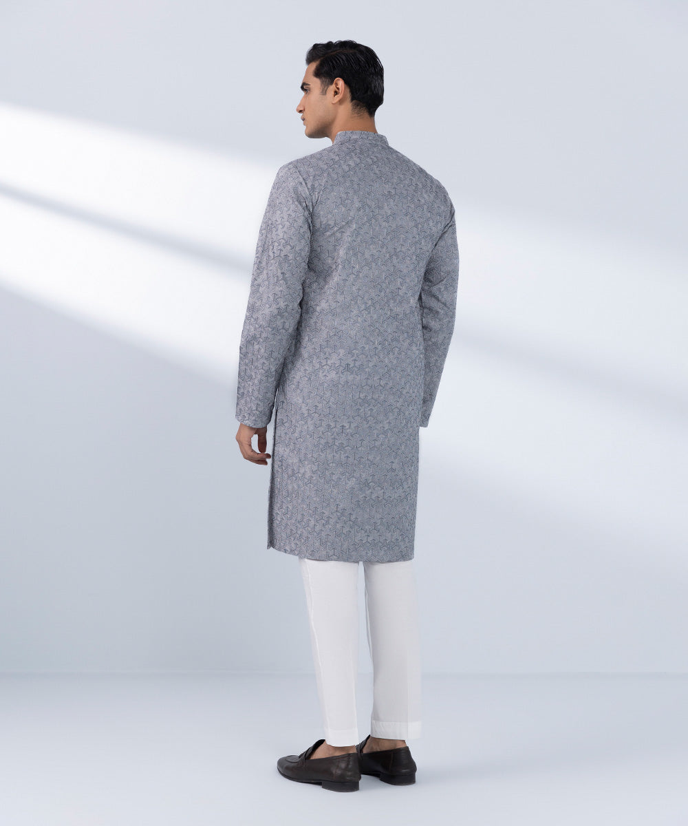 Men's Stitched Embroidered Grey Kurta 