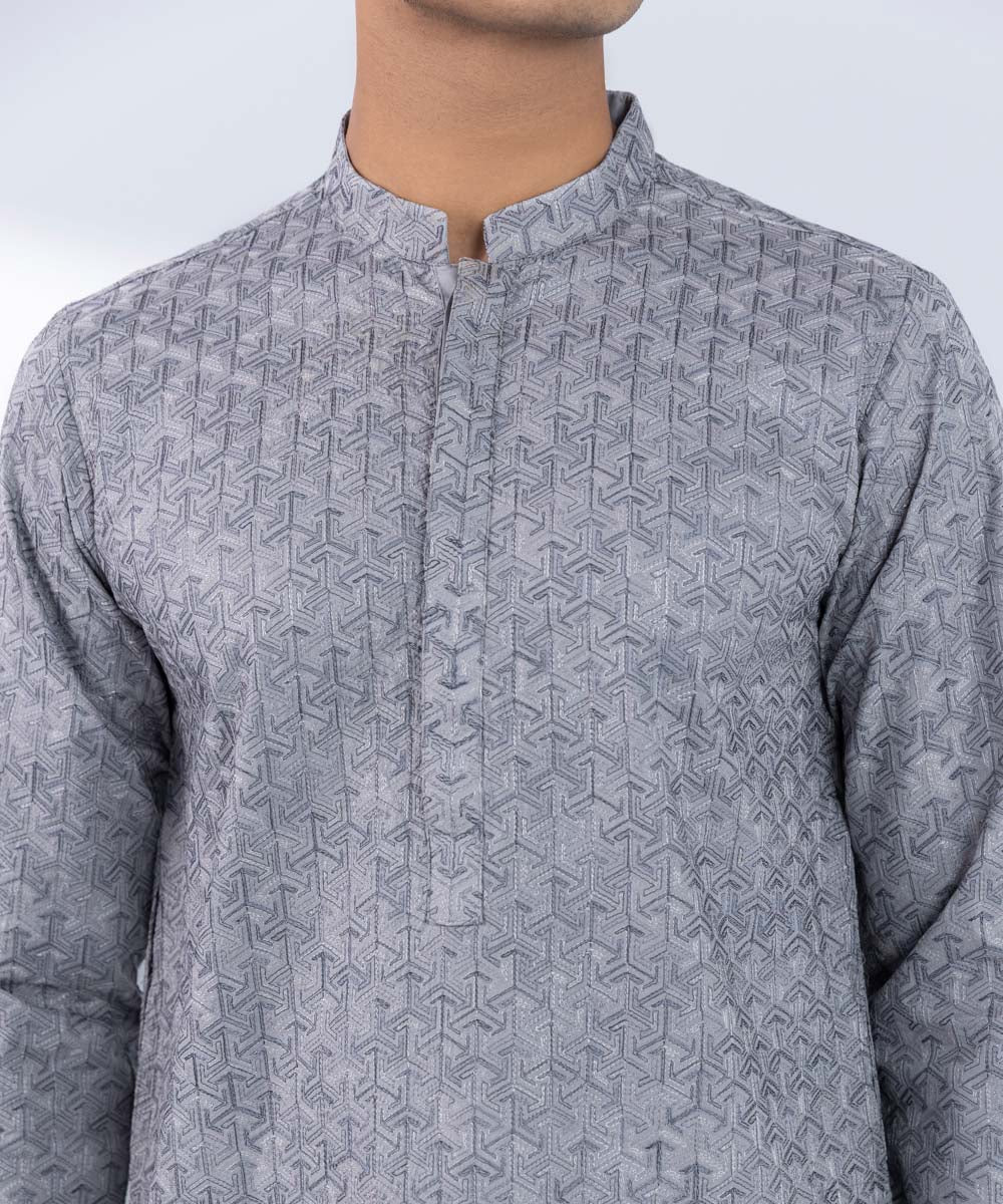 Men's Stitched Embroidered Grey Kurta 