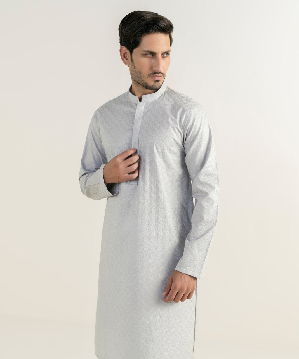 Men's 100% Cotton Embroidered Grey Kurta