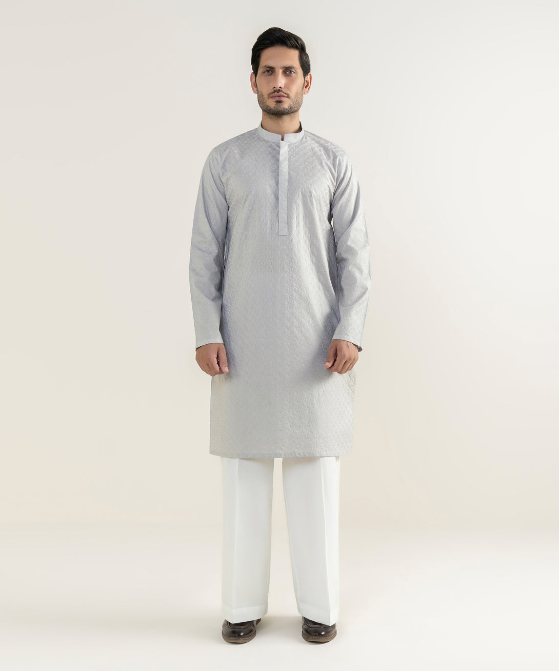 Men's 100% Cotton Embroidered Grey Kurta