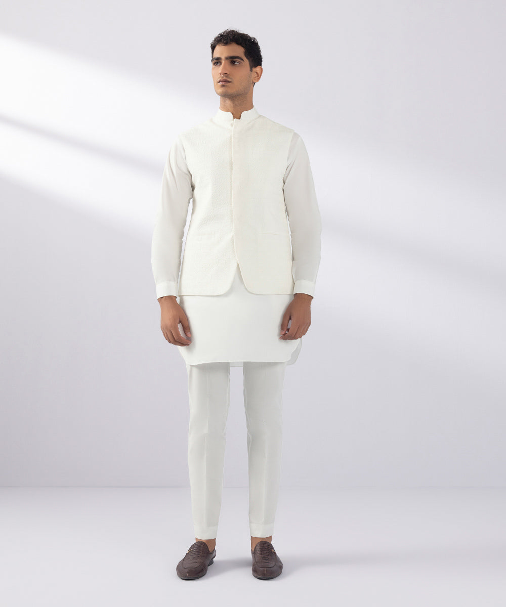 Men's Stitched Embroidered White Waistcoat