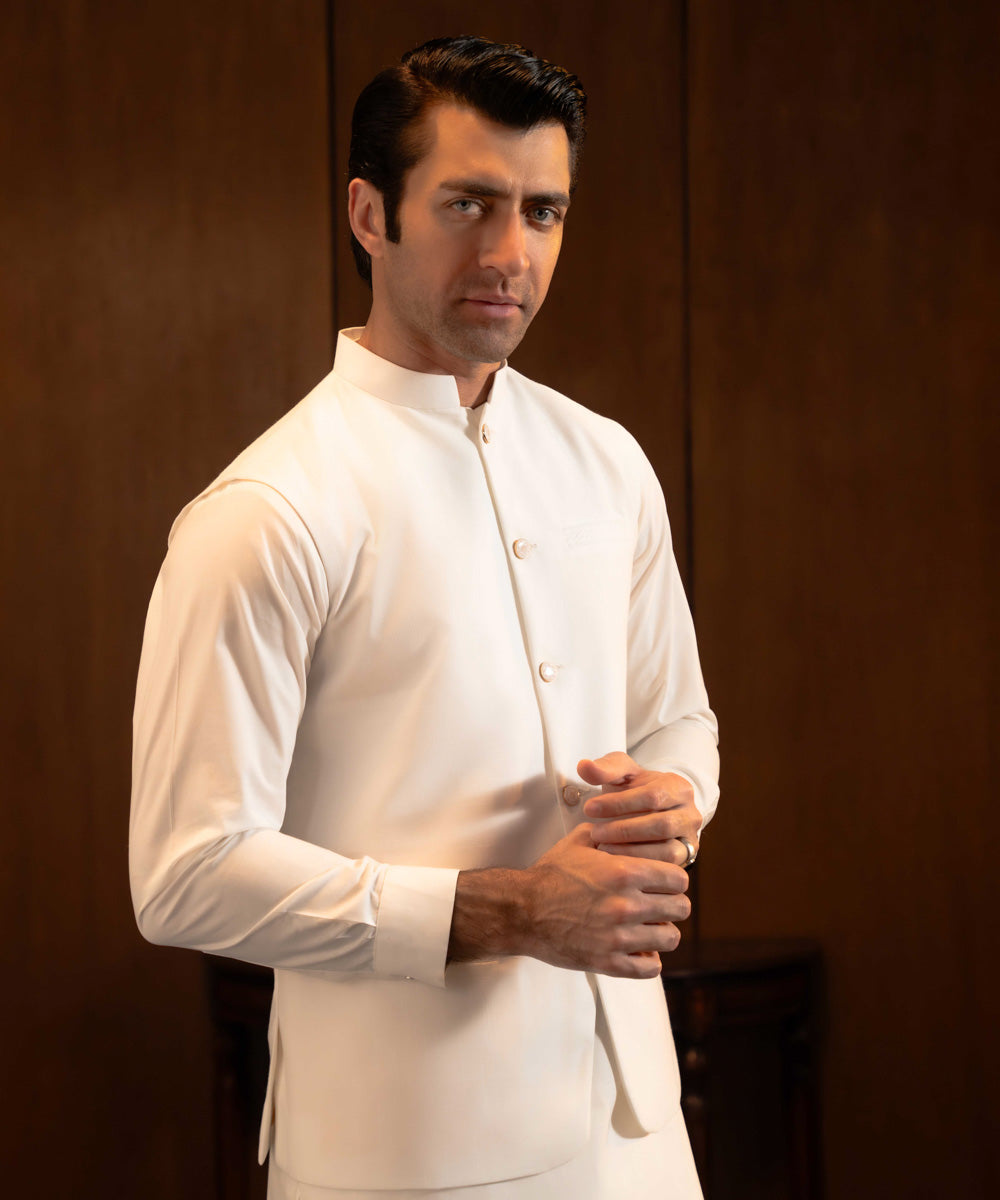 Men's Stitched White Blended Waistcoat 
