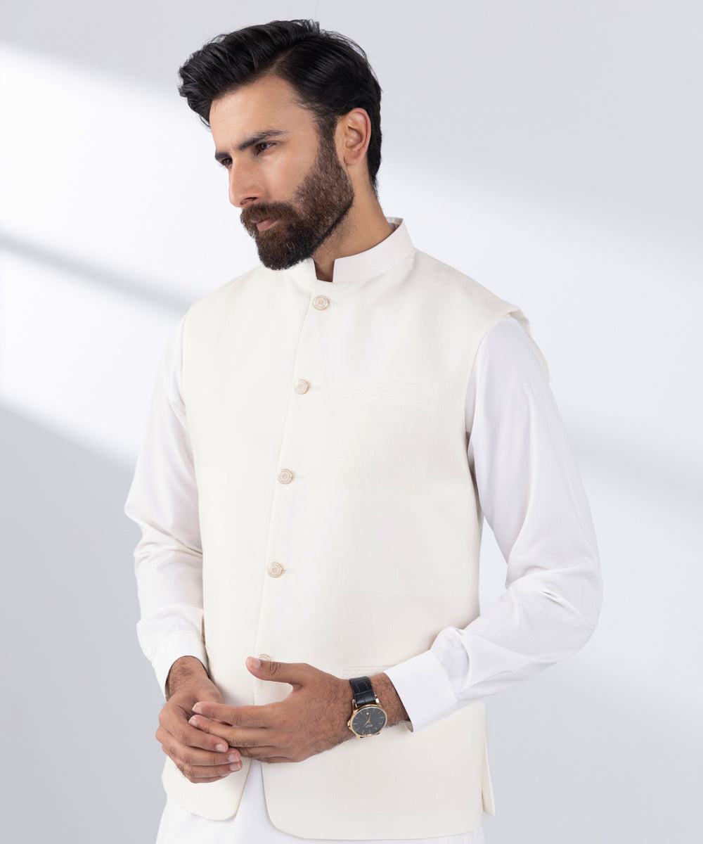 Men's Stitched White Blended Waistcoat 