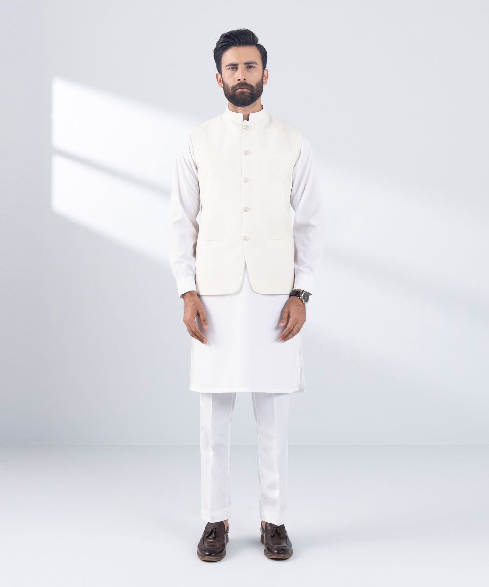 Men's Stitched White Blended Waistcoat 