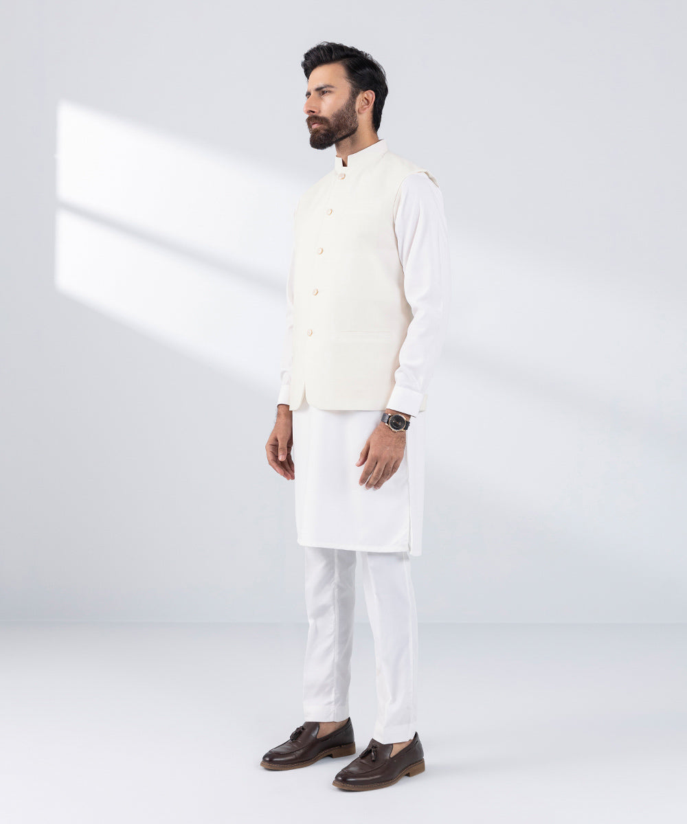 Men's Stitched White Blended Waistcoat 