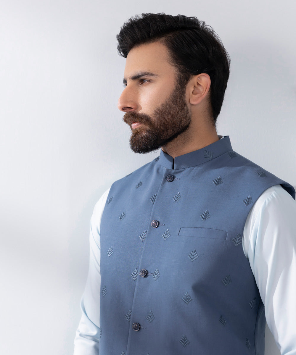 Men's Stitched Blue Blended Waistcoat 