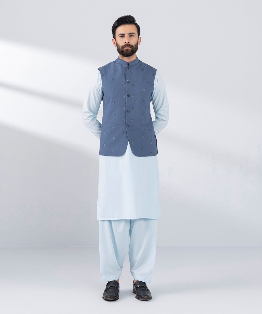 Men's Stitched Blue Blended Waistcoat 