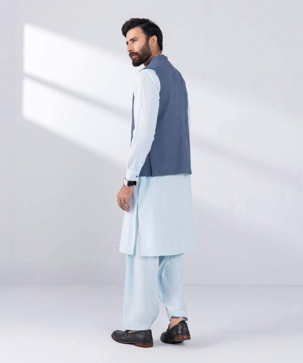 Men's Stitched Blue Blended Waistcoat 