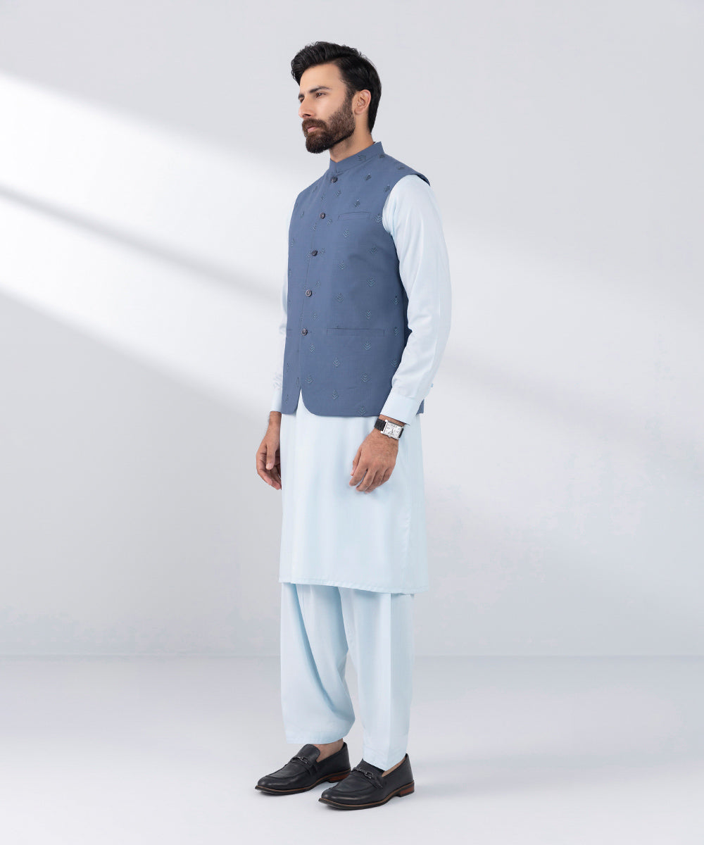 Men's Stitched Blue Blended Waistcoat 