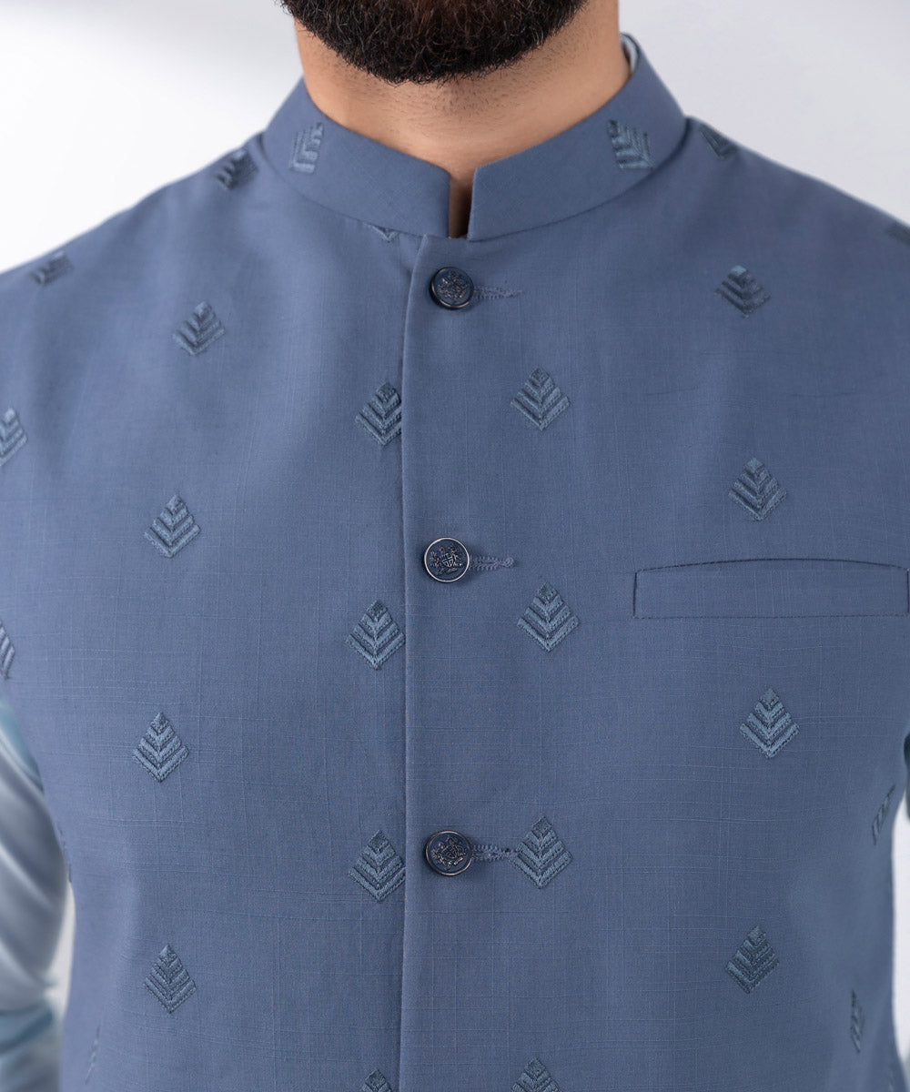 Men's Stitched Blue Blended Waistcoat 