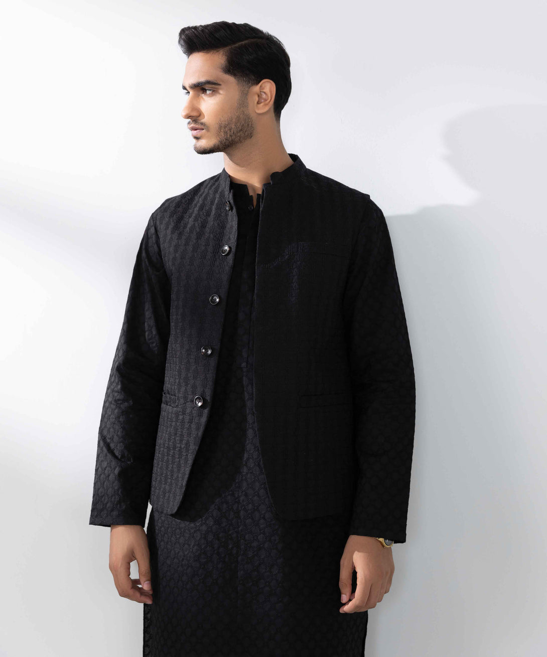 Men's Stitched Embroidered Black Cotton, Schiffli Waistcoat 