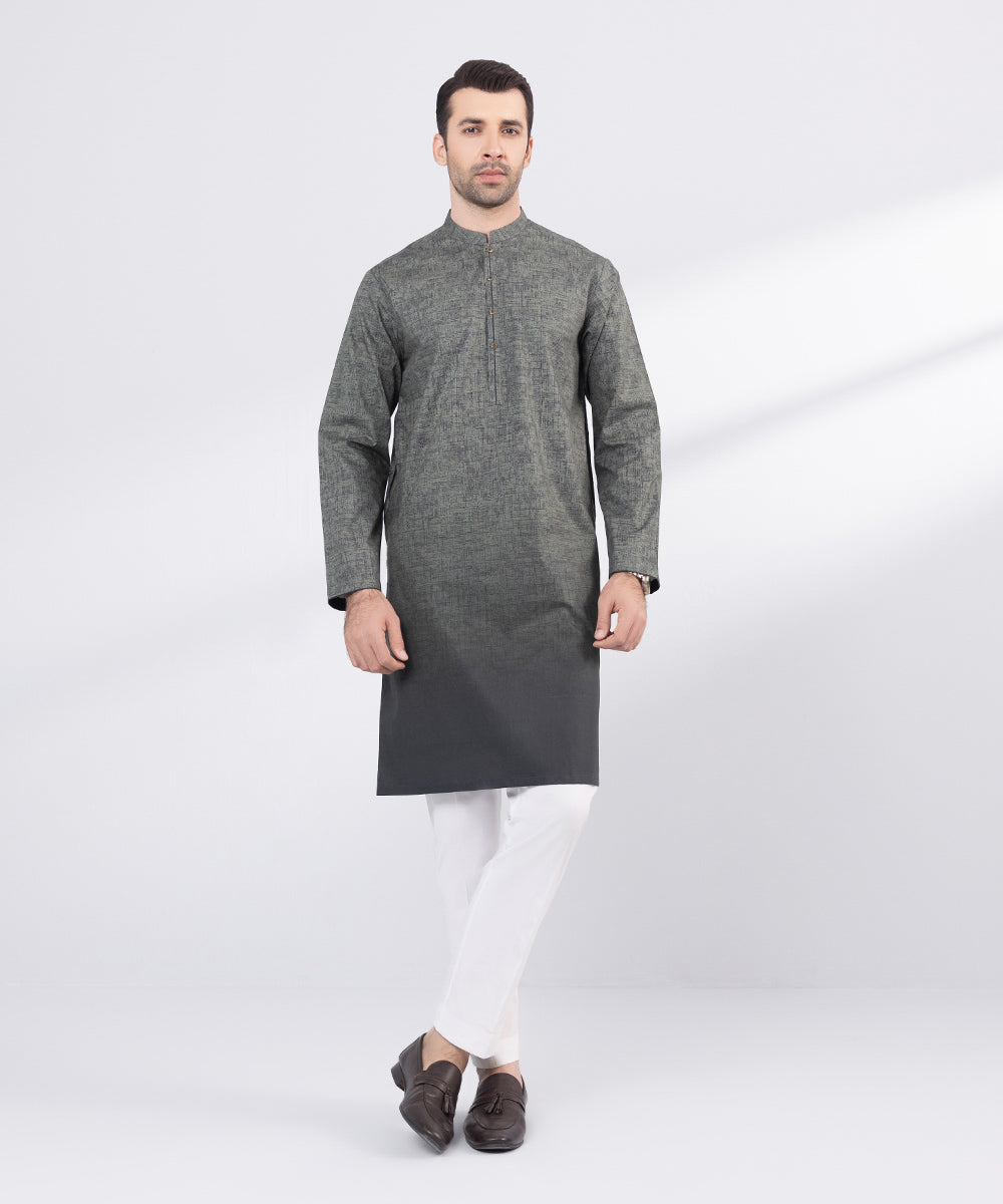 Men's Stitched Grey Mesh Cotton Kurta