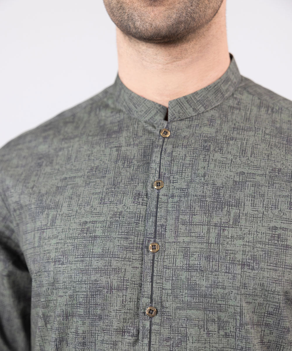 Men's Stitched Grey Mesh Cotton Kurta