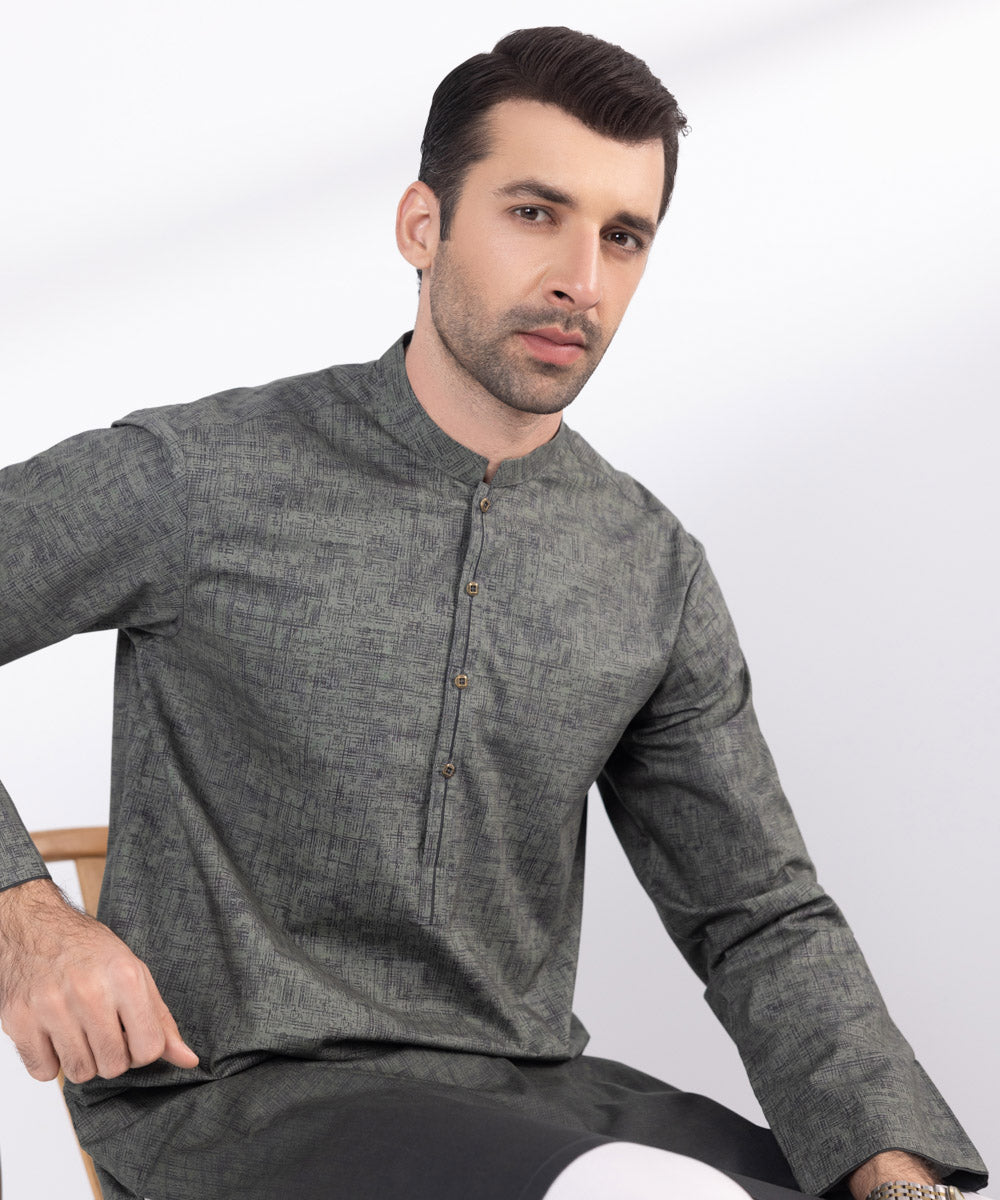 Men's Stitched Grey Mesh Cotton Kurta