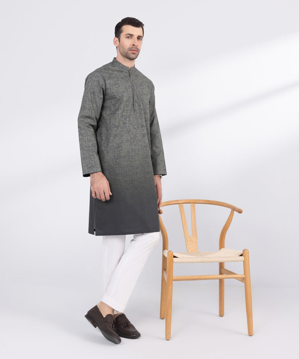 Men's Stitched Grey Mesh Cotton Kurta