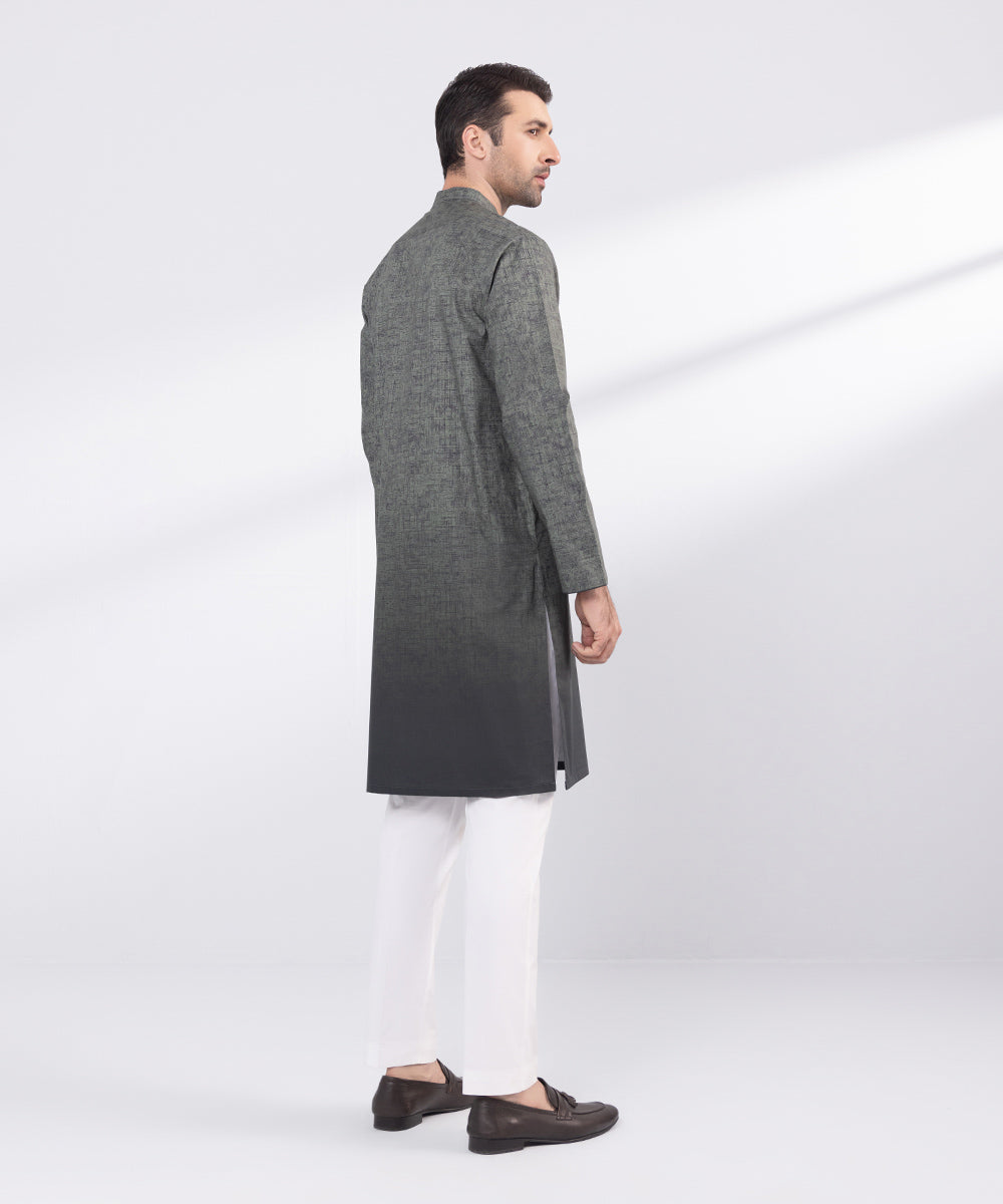 Men's Stitched Grey Mesh Cotton Kurta