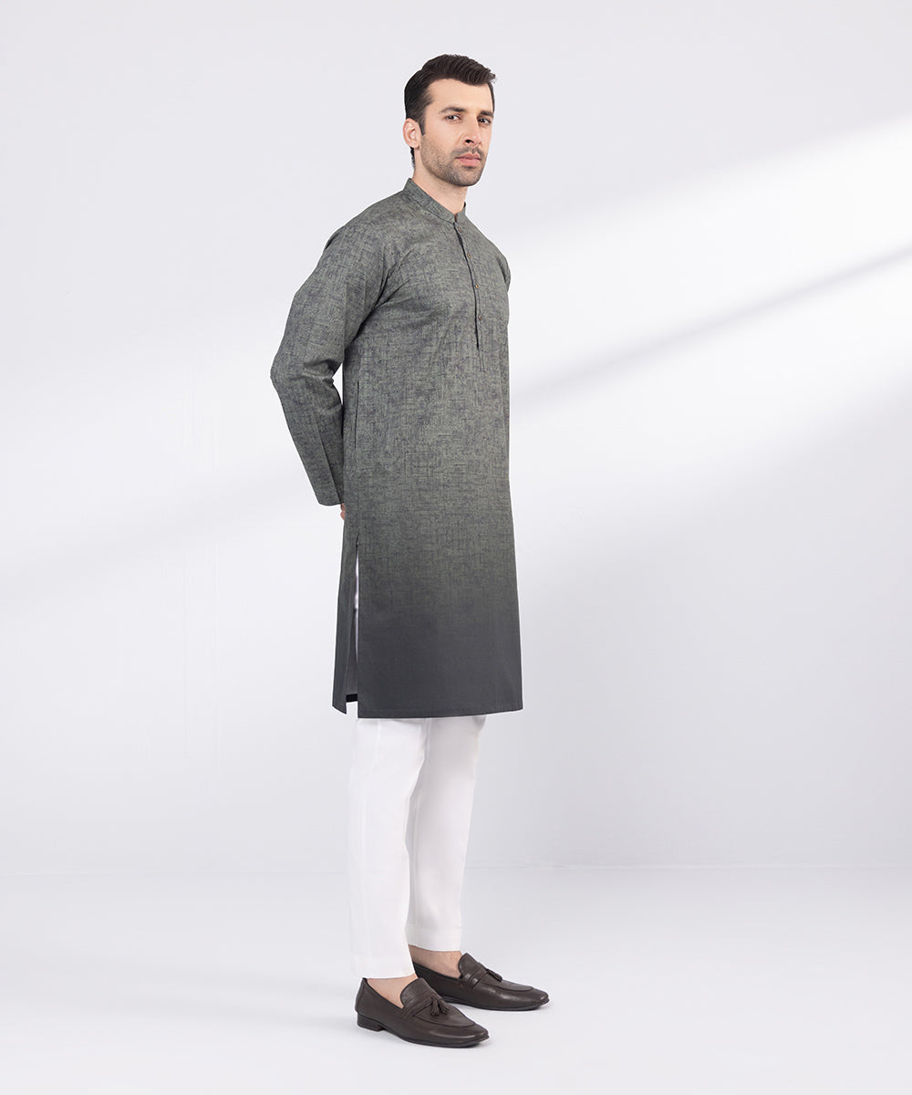 Men's Stitched Grey Mesh Cotton Kurta