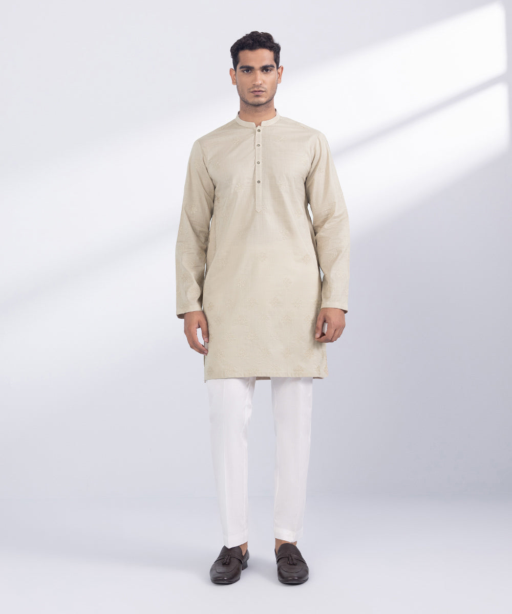 Men's Stitched Beige Cotton Kurta