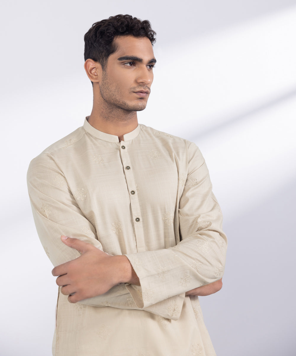 Men's Stitched Beige Cotton Kurta