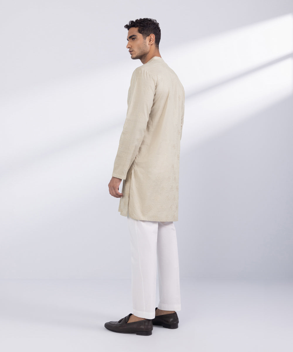 Men's Stitched Beige Cotton Kurta