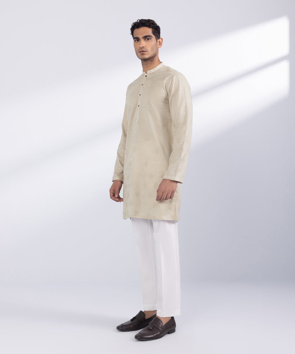 Men's Stitched Beige Cotton Kurta