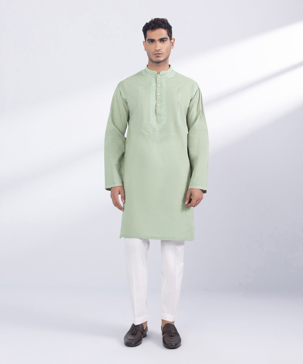 Men's Stitched Green Cotton Kurta