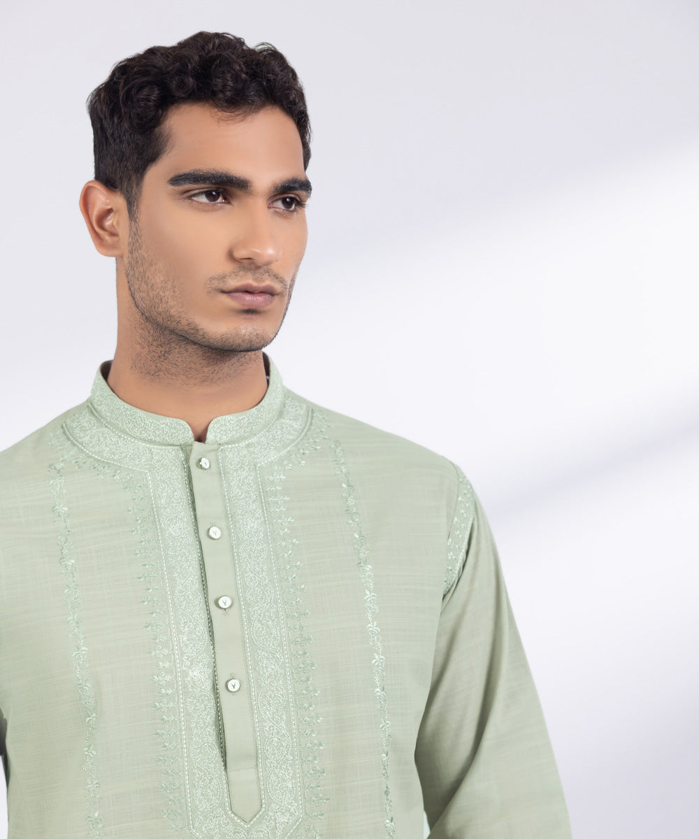 Men's Stitched Green Cotton Kurta