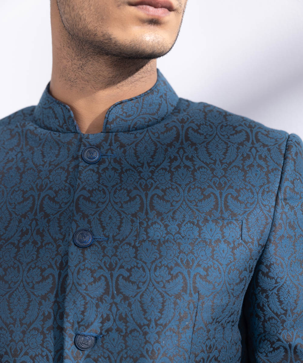 Men's Stitched Blue Jamawar Karandi Prince Coat